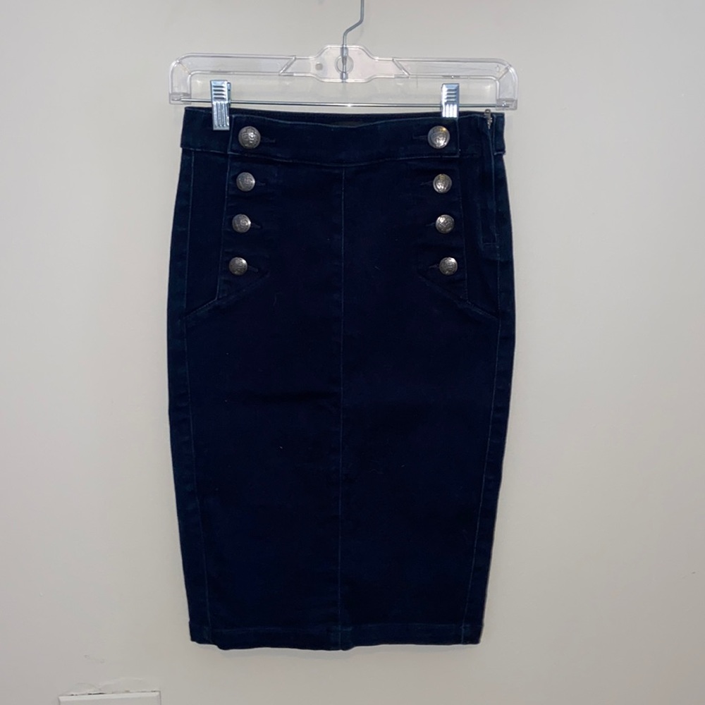 Dark denim pencil skirt with silver button embellishments